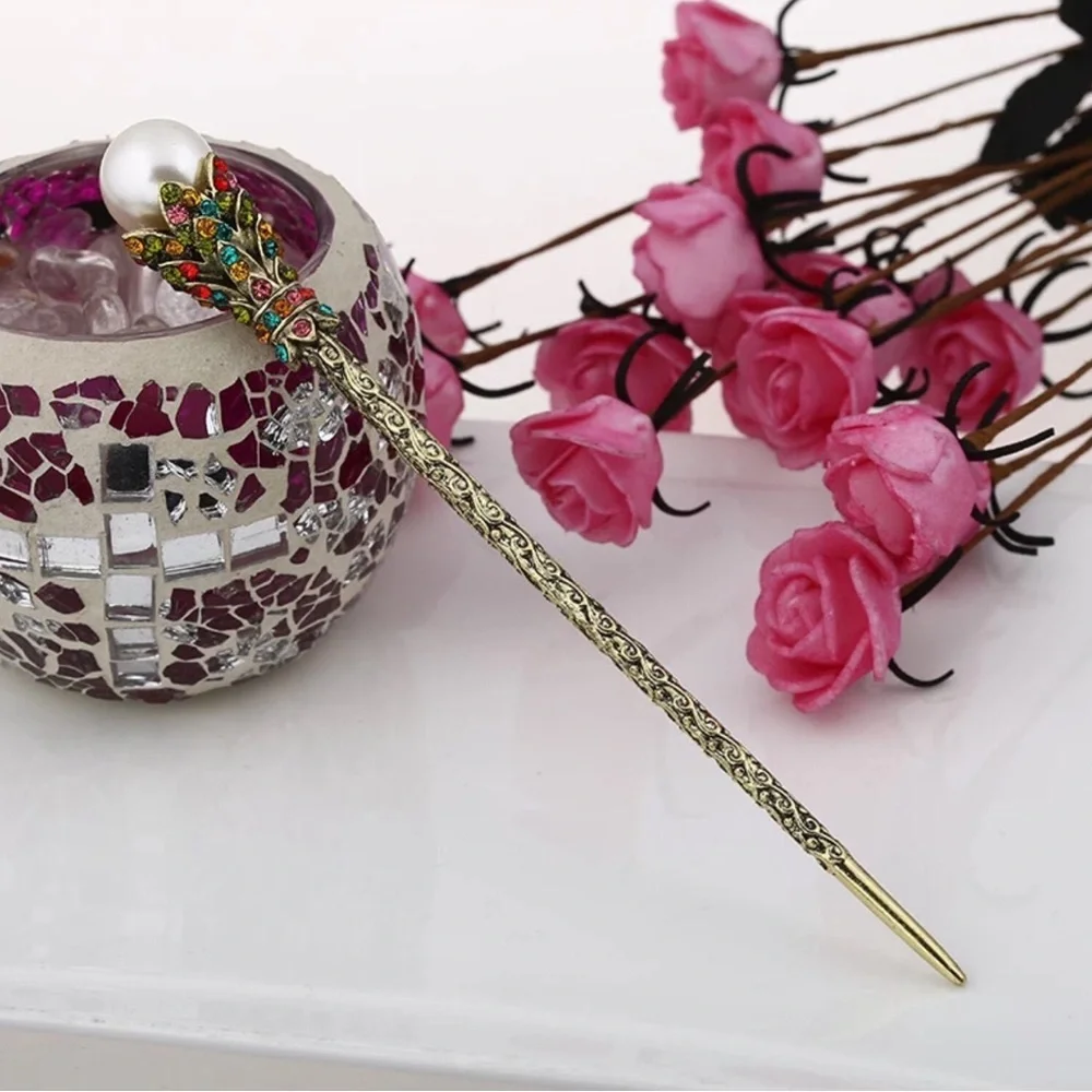 Elegant Gold Hair Stick with Pearl and Multicolor Accents Hairpin Bride Jewelry - Picture 3 of 6
